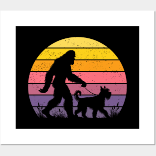 Bigfoot Sasquatch Walking Berger Picard Dog Vintage Sunset Hiking Posters and Art